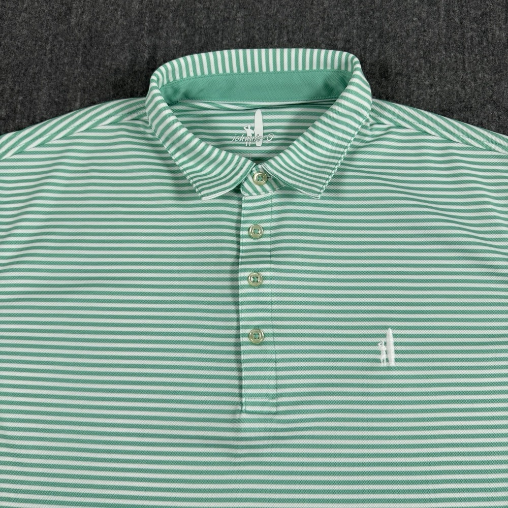 Johnnie-O Men's Golf Polo Shirt Large Green White Stripe Bali Hai Performance